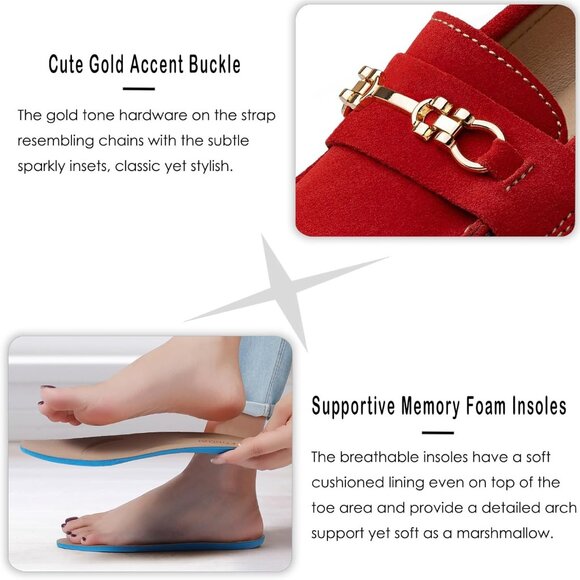 Kordal Women's Red Leather Gold Accent Buckle Slip-Ons Comfortable Loafers - Picture 4 of 9